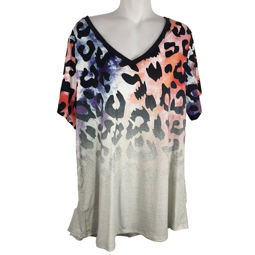 Lularoe Womens Christy Colorful Dipped Cheetah Spray Paint Ombre Shirt 2X V Neck